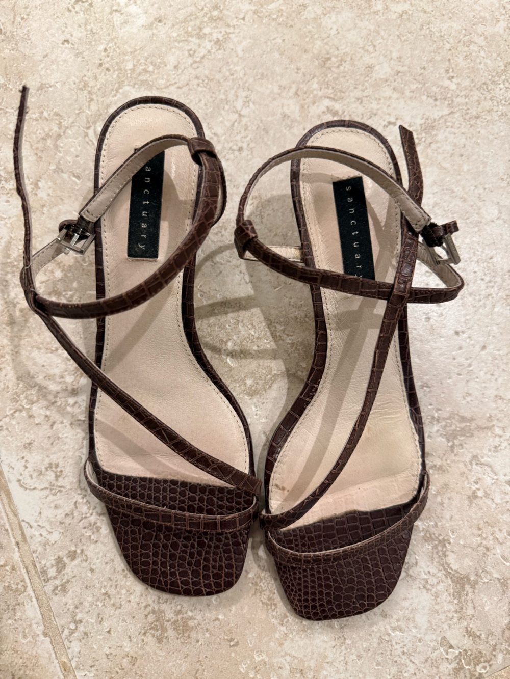 Sanctuary Dark Brown Croc-Embossed Strappy Sandals